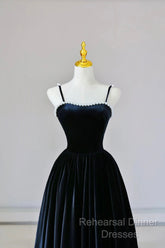 Black Spaghetti Strap Velvet Long Semi Formal Prom Dress With Pearls, A-Line Evening Dress Party Dress